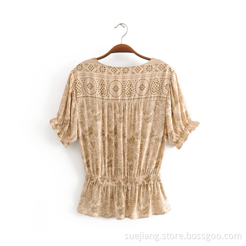 New Rayon Positioning Flower Waist Elastic Blouses